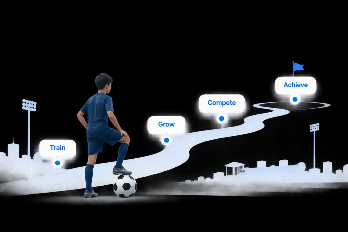 A young player at the start of the Xdrona pathway, with milestones marked Train, Grow, Compete and Achieve.