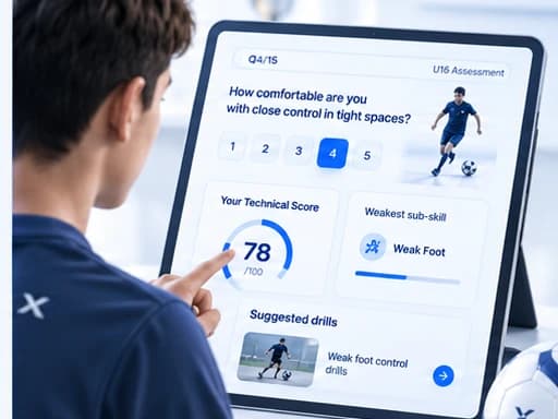 Young footballer completing an online technical football assessment on a tablet.